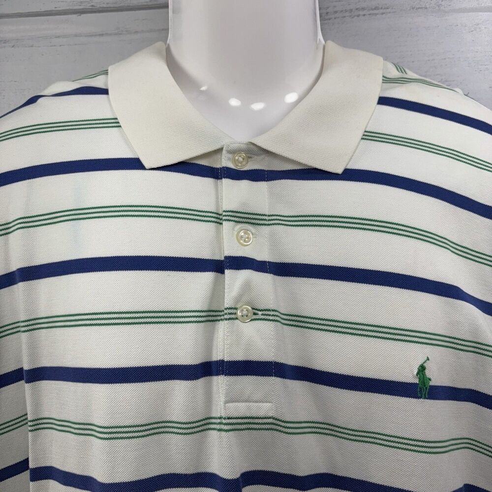 Polo Ralph Lauren Mens Size 2XL Mesh Polo Shirt Striped Short Sleeve White Green